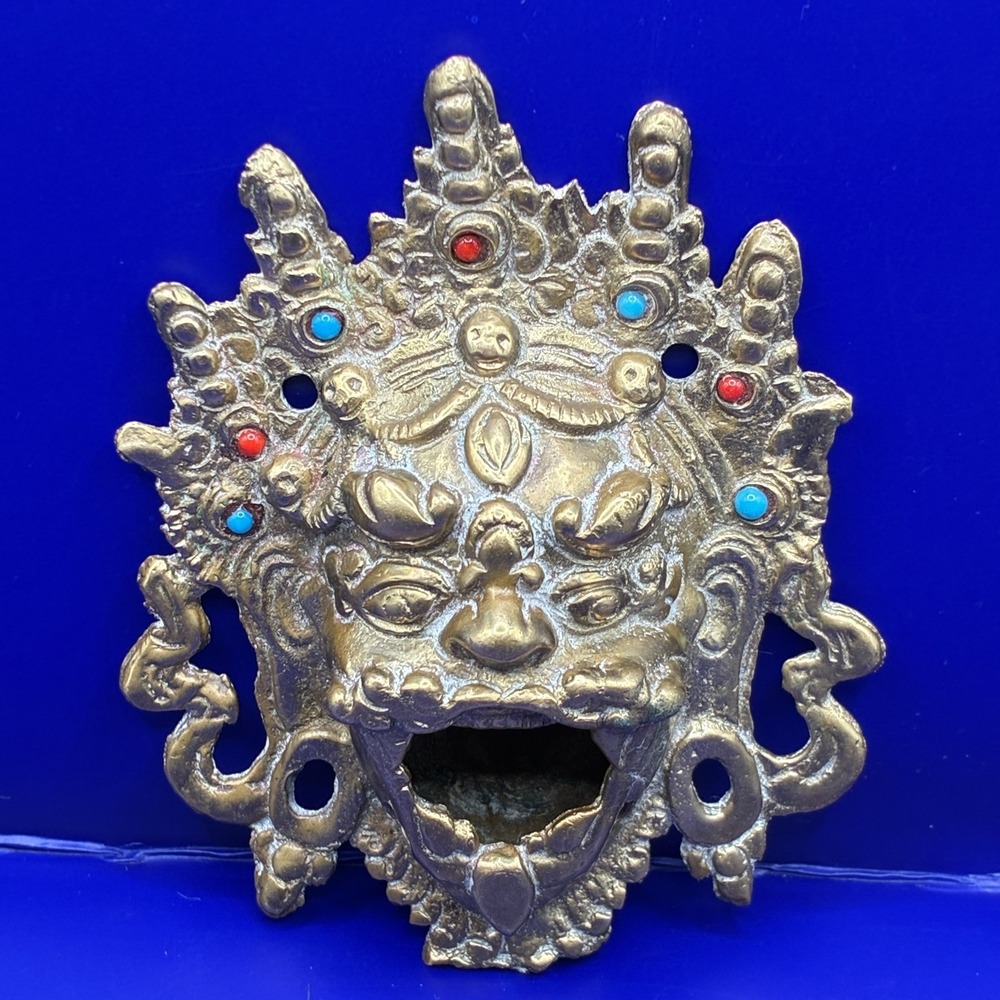 Vintage Brass Hindu Mask Incense Burner Wall Hanging India Deity Face